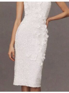 White Strapless Sequin Dress with 3D Floral Appliqué
